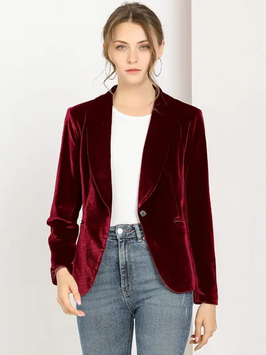 Vista 2 de Allegra K Abrigo de oficina de Navidad para mujer, cuello de chal sólido, chaqueta de terciopelo con 1 botón