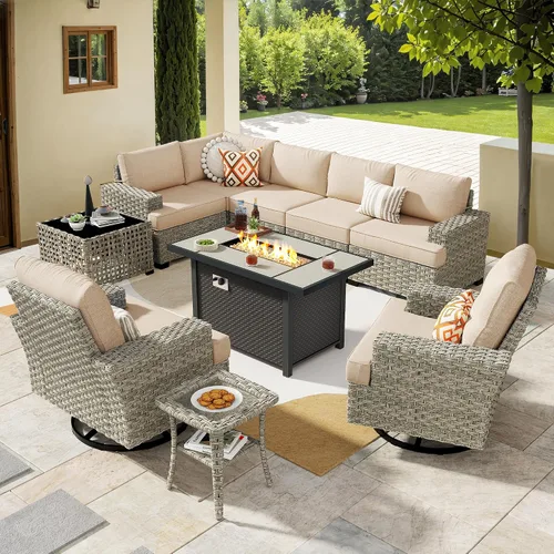 Vista 78 de HOOOWOOO Juego de Muebles Seccionales para Patio al Aire Libre, 6 Piezas Juegos de Conversación de Mimbre Sofá en Forma de L, Sofá Extra Profundo