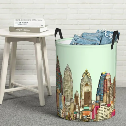 Vista 8 de Austin Texas - Cesta circular con estampado de Texas, impermeable, cesta organizadora de lavandería, con asas, para ropa, juguetes, pequeña