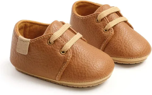 Vista 3 de COSANKIM Zapatos para bebés niños y niñas, zapatos de piel sintética con cordones para bebés, suela de goma antideslizante, mocasines para recién