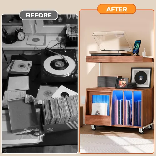 Vista 8 de Soporte grande para tocadiscos con puerta corredera y ruedas, armario de almacenamiento de discos de vinilo de 200 grados, mesa de tocadiscos