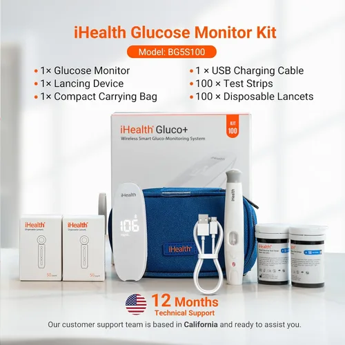 Vista 8 de Kit de monitorización de glucosa inalámbrico inteligente iHealth Gluco+ con aplicación gratuita, 100 tiras de glucómetro, 100 lancetas, 1 monitor