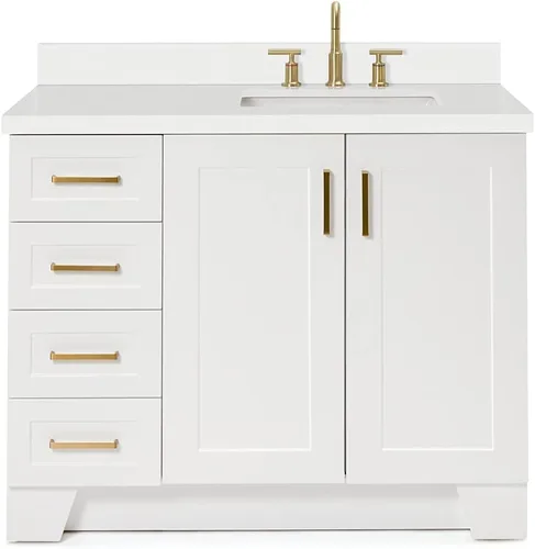 Vista 5 de ARIEL Taylor - Lavabo de baño individual de 43 pulgadas en blanco, parte superior de cuarzo con borde de 1.5 pulgadas, madera maciza, fregadero