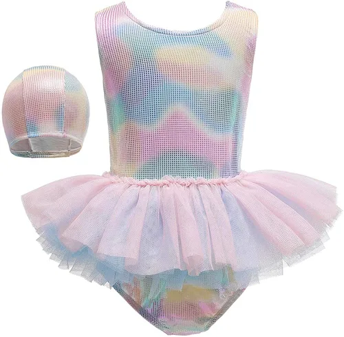 Vista 3 de HIHCBF Traje de baño de una pieza para niñas con volantes Tutú con gorra de sirena y escala ropa de playa