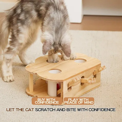 Vista 5 de Whack-a-mole - Juguete interactivo de madera para gatos de interior, caja de juguetes interactiva para mascotas, rompecabezas para gatos de todas