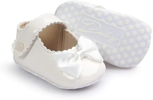 Vista 5 de Meckior - Zapatos bajos y livianos para bebés estilo Mary Jane con suela suave y lazo decorativo para vestidos de princesa o bodas para niñas que