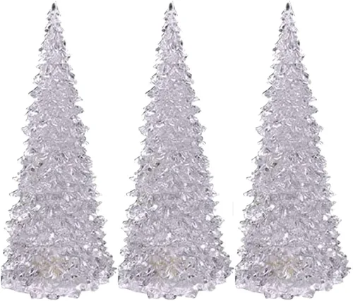 Vista 2 de Árbol de Navidad de cristal, 3 piezas de acrílico de 6.5 pulgadas, pequeño adorno de árbol de Navidad con luz LED que cambia de color, luz nocturna