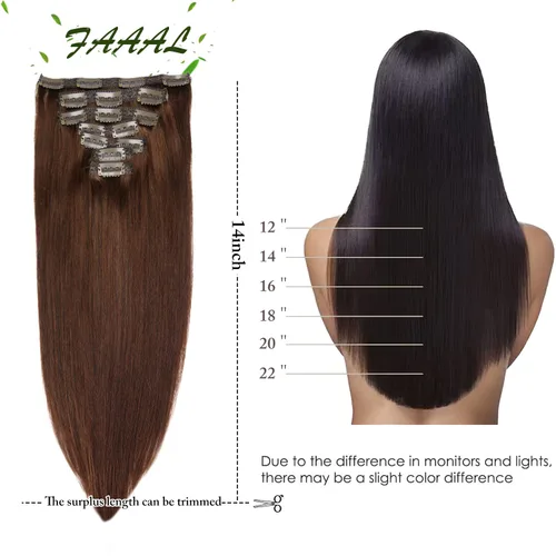 Vista 2 de Extensiones de cabello humano con clip de 14 pulgadas, 4.33 oz, 7 piezas, 16 clips, color marrón chocolate, doble trama, extensiones de cabello Remy