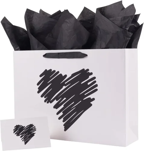 Vista 10 de ysmile Pequeña bolsa de regalo negra con papel de seda para hombres, fiesta de cumpleaños, aniversario, día del padre, 7.8 pulgadas, corazón dorado