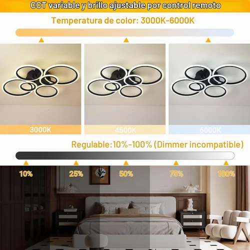 Vista 2 de Moderna lámpara LED de techo de 29.8 pulgadas, 72 W, 6000 lúmenes, 3000-6500 K, regulable con control remoto, lámpara de techo empotrada para Negro