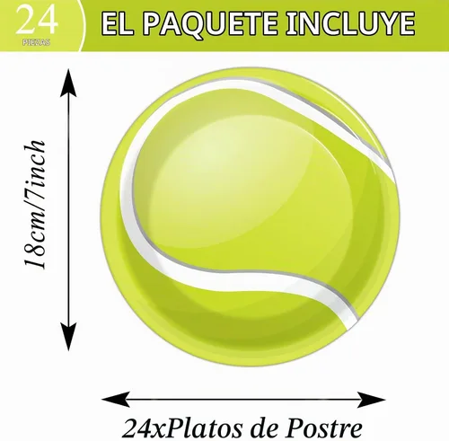 Vista 2 de Wiooffen Juego de 24 platos de papel para fiestas de tenis, juego de vajilla desechable, platos de postre para fiestas de tenis, deportes