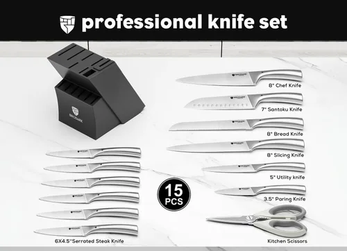 Vista 5 de BRODARK Juego de Cuchillos con Bloque: Juego de cuchillos de cocina con bloque y afilador, 15 piezas de cuchillos de chef ultra afilados, acero