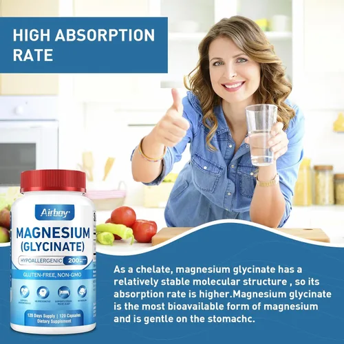 Vista 5 de Airboy Glicinato de magnesio 200 mg, el mejor glicinato de magnesio para dormir, 120 cápsulas pequeñas veganas, alta absorción apoyo relajación