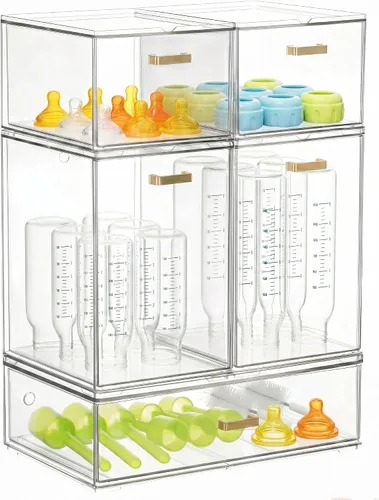 Vista 11 de LALOBLUE Organizador de cajones apilable transparente, paquete de 4 cajones de almacenamiento de acrílico con diseño extraíble, organizador que