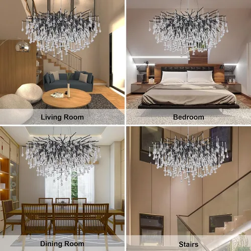 Vista 6 de Candelabro de cristal negro de 23.6 pulgadas, moderno colgante de techo de flores, iluminación colgante de rama de árbol, gota de lluvia, lámpara