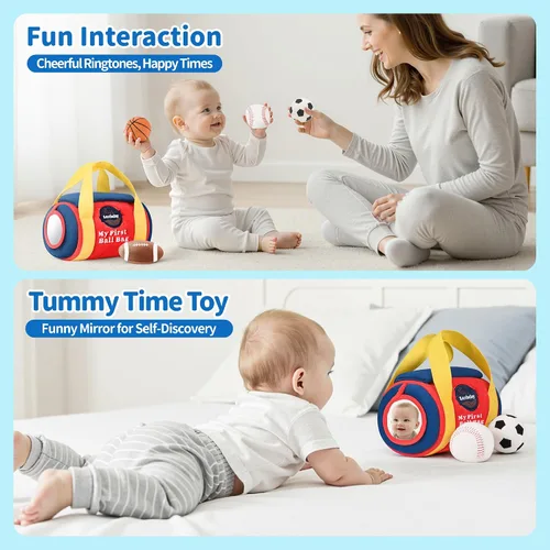 Vista 4 de Juguetes para Bebés Niños de 6-12 Meses – My First Sports Bag Juguetes Musicales para Bebés con 4 Pelotas Sensoriales – Baloncesto, Fútbol