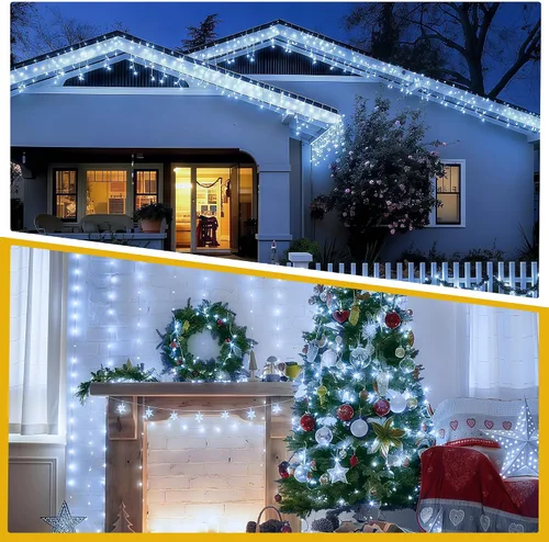 Vista 7 de Luces de Navidad de Cadena para Interiores y Exteriores con Alambre Transparente, 200 LED 66 Pies Enchufables, Luces de Navidad Blancas