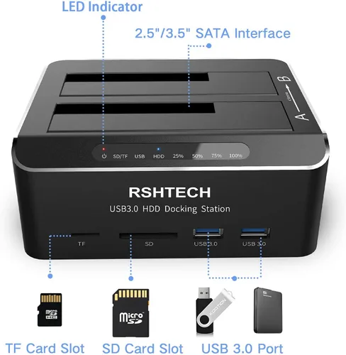 Vista 5 de Estación de acoplamiento para disco duro RSHTECH USB 3.0 Aluminio Dual Bay Hard Drive Dock para 2.5" y 3.5" SATA HDD SSD con lector de tarjetas