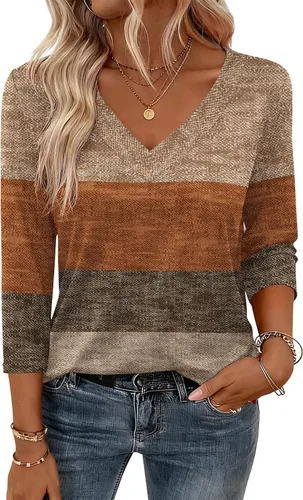 Vista 15 de Zeagoo Camisetas de manga 3/4 para mujer, cuello en V, blusa casual elegante, camisetas básicas 2026, ropa de moda S-2XL
