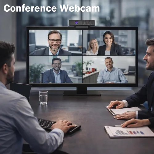 Vista 8 de ROTOPATA Cámara web de conferencia 3 en 1 Full HD 1080P con altavoz y 4 micrófonos USB Web Cam With 90° FOV, Magnet Privacy Cover, 3W Speaker