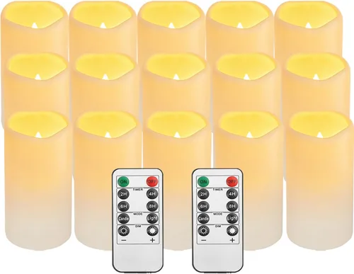 Vista 11 de Velas sin llama impermeables con control remoto 2PACK (D3''*H5.5'') Vela de pilar LED parpadeante que funciona con pilas, de plástico con Paquete