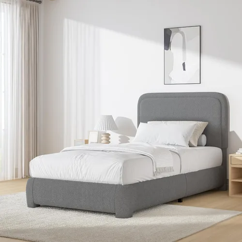 Vista 27 de BarnFurin Base de cama individual con cabecero, cama de plataforma tapizada Cloud Boucle, esquinas redondeadas suaves, no necesita somier, Beige