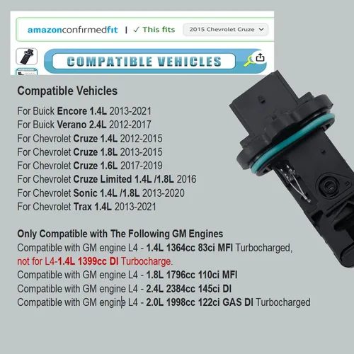Vista 2 de MANATEE 12671624 Sensor Medidor de Flujo de Aire Masivo Sensor MAF Compatible con Buick Encore Verano, para Chevy Caprice Trax Sonic Cruze