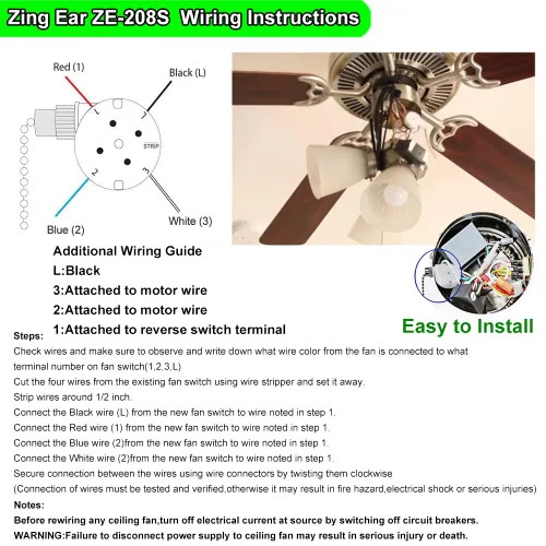 Vista 3 de Interruptor de cadena para ventilador de techo, Zing Ear ZE-208s E89885, interruptor de luz de cadena de 4 cables de 3 velocidades con 4 cables