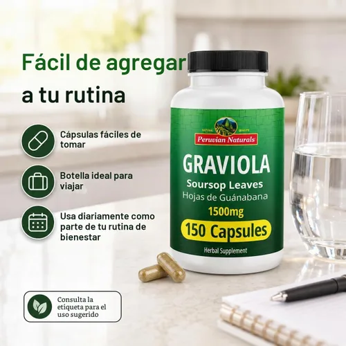 Vista 5 de Peruvian Naturals Graviola - Cápsulas de guanábana, 150 unidades, 1500 mg