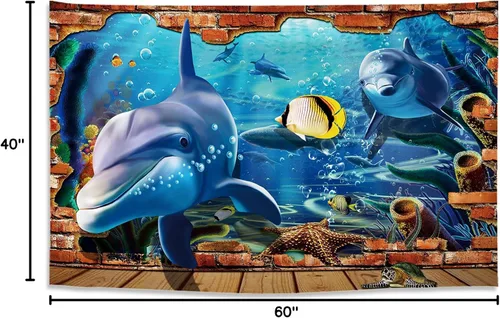 Vista 4 de ARTXZDZ Tapiz de delfín con efectos 3D, tapiz de animales del mundo submarino, decoración de pared para fondo de acuario bajo el mar, decoración