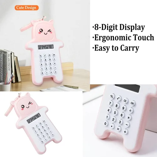 Vista 7 de Paquete de 6 mini calculadoras digitales con llavero bonito, pantalla LCD de 8 dígitos, diseño de dibujos animados, portátil para la escuela