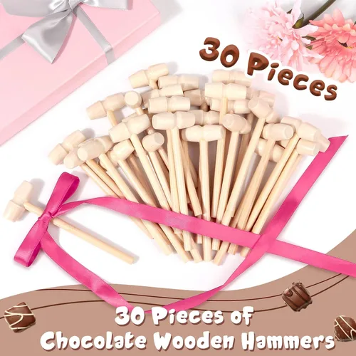 Vista 2 de Caffox Mini martillos de madera para chocolate, 30 mazos de madera pequeños para corazón de chocolate rompible, manualidades y accesorios de juego