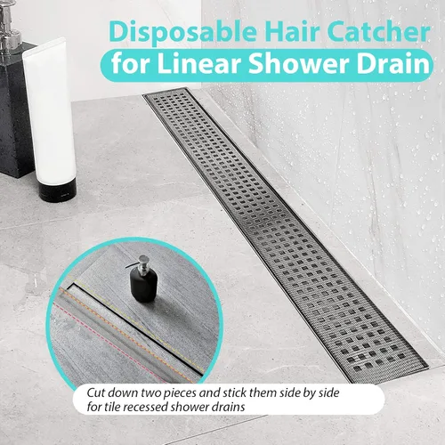 Vista 4 de Qeke Atrapa cabello desechable: calcomanías de malla para drenaje de ducha lineal, tapón de pelo de 32.8 pies con herramienta de extracción, 2.75