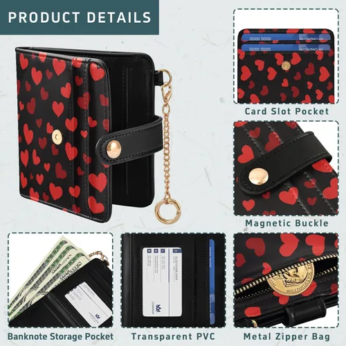 Vista 2 de Red Heart Black - Cartera para mujer, con bloqueo RFID, pequeña, delgada, tarjetero, plegable, compacta, de piel sintética, con bolsillo