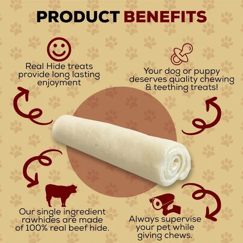 Vista 3 de Real Hide Natural Premium - Rollo de cuero crudo masticables para perros, 5-6 pulgadas, 16 unidades Golosinas naturales para masticar, piel de res
