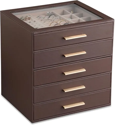 Vista 21 de Frebeauty Joyero para mujer, organizador de joyas con tapa transparente con 3 cajones Marrón Oscuro