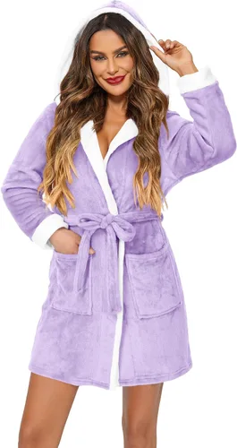 Vista 2 de HOTOUCH Bata de baño con capucha para mujer, bata de felpa súper suave, bata de baño de terciopelo