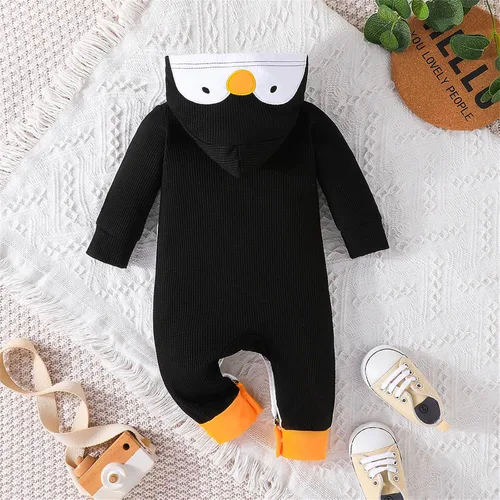 Vista 3 de Maemukilabe Mameluco con capucha de pingüino de manga larga con botones para bebé, niño, niña, disfraz de animal, ropa de otoño e invierno