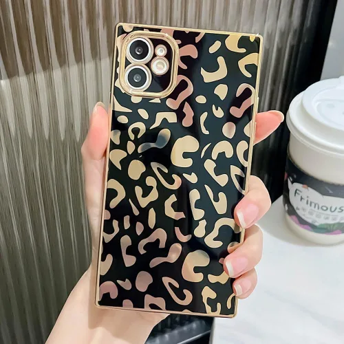 Vista 2 de Elegante Compatible con iPhone 12 Funda de Borde Rectangular, Lindo Patrón de Leopardo de Lujo Funda con Plateado Protector de Cámara TPU Suave A