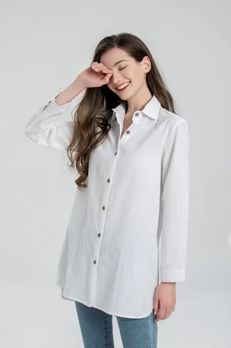 Vista 4 de Minibee Camisas de algodón para mujer, túnica alta y baja, blusa con botones
