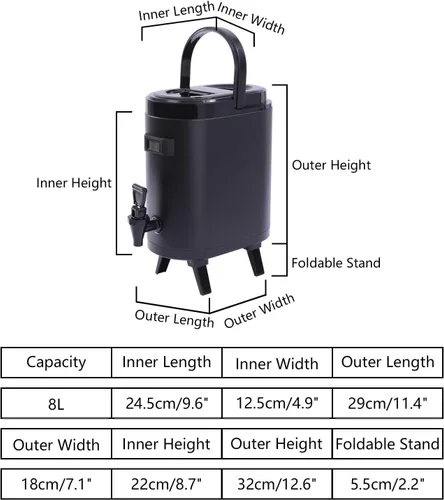 Vista 9 de Dispensador de bebidas aislado, dispensador de bebidas de acero inoxidable de 8 l/2.11 galones con termómetro, dispensador de bebidas frías