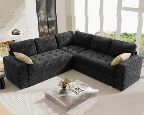 Vista 2 de Vipbear Sofá cama modular en forma de L de 5 asientos con cama extraíble/respaldo reclinable/puertos USB/asiento de almacenamiento, sofá cama Negro