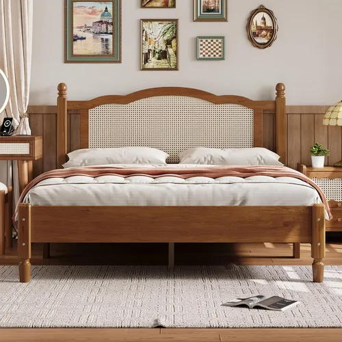 Vista 17 de JIVOIT Cama de plataforma de tamaño King con cabecera de 46.5 pulgadas de alto, marco de plataforma de madera de bambú maciza con listones de madera