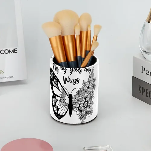 Vista 6 de Soporte para bolígrafos de flores de mariposa en blanco y negro, soporte para lápices de cuero de PVC para escritorio, organizador de escritorio