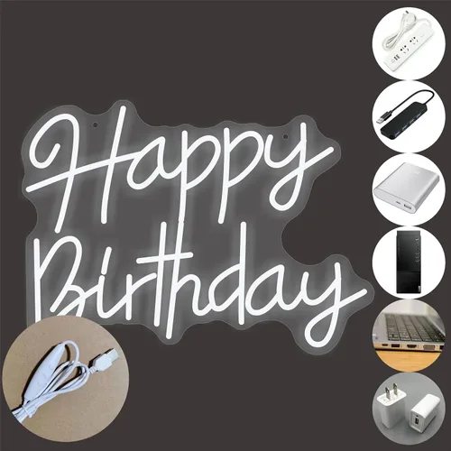 Vista 7 de Luz de neón de feliz cumpleaños, 5V USB, colgante de pared, blanco, hecho a mano, para decoración de fiestas, regalo para niños
