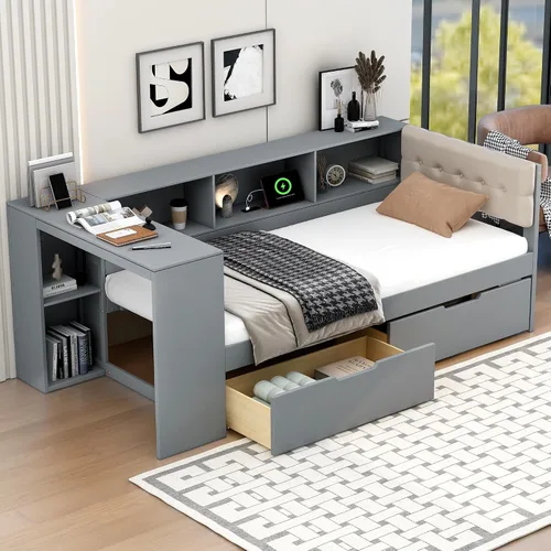 Vista 10 de VilroCaz Cama de sofá de tamaño individual de madera con estantes de almacenamiento y escritorio de estudio, estructura de cama de día Blanco