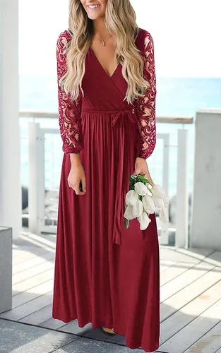 Vista 2 de Kranda - Vestido largo de fiesta con manga larga de encaje floral, estilo vintage, cuello en V y frente cruzado falso para mujer