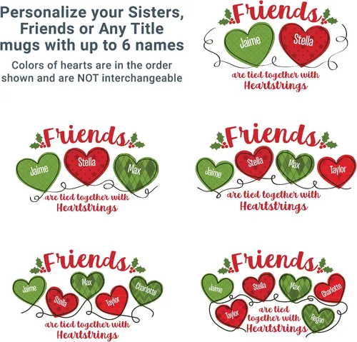 Vista 6 de Let's Make Memories Taza de Navidad personalizada, para amigos, taza de café personalizada, Heartstrings - 2-6 nombres - Mango blanco e