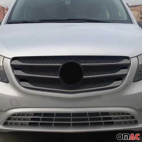 Vista 2 de OMAC Cubierta de acero inoxidable para parachoques delantero cromado oscuro, 5 unidades, para Mercedes Metris 2014-2019 Pre Facelift