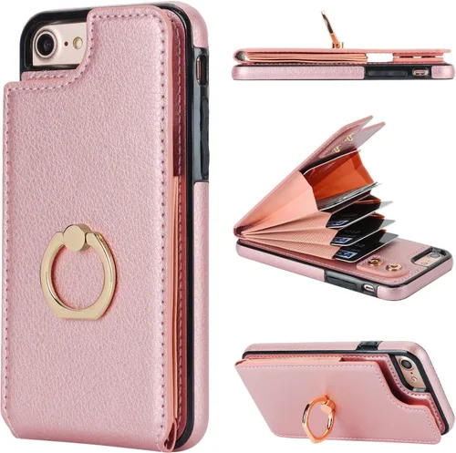 Vista 10 de Folosu Funda tipo cartera para iPhone SE con soporte para tarjetas, soporte de anillo de rotación de 360 grados, función de protección RFID, de piel